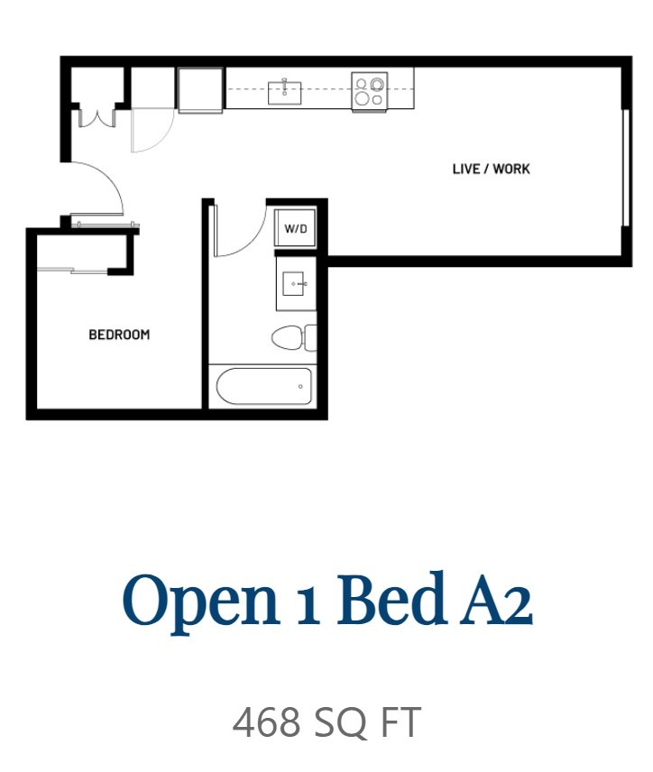 A floor plan for an apartment with one bedroom and a living/work area.