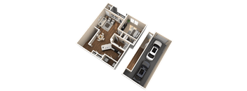 A 3D floor plan of a house showing a living room, kitchen, and two bedrooms.
