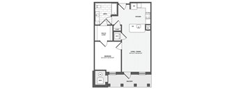 A black and white floor plan of an apartment with a living room, dining room, bedroom, and bathroom.