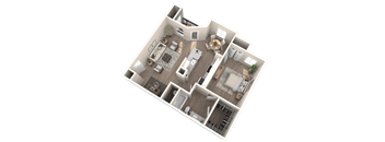 A 3D floor plan of a house with multiple rooms and furniture.