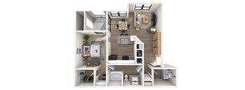 A 3D rendered image of a small apartment layout.