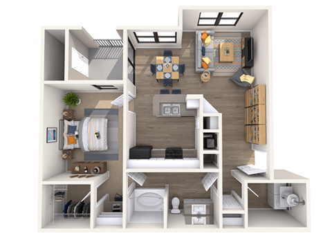 A 3D rendered image of a small apartment layout.