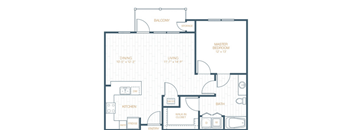 A floor plan of a house with a balcony, two bedrooms, a living room, a dining room, a kitchen, a bathroom, and a walk-in closet.