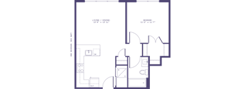 A floor plan of a living and dining area with a bedroom and bathroom.