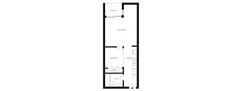A floor plan of a house with a balcony, living/dining area, kitchen, bedroom, bathroom, and closet.