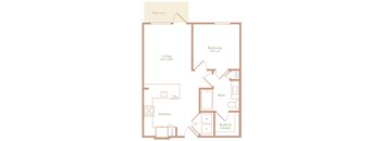 an illustration of a 1 bedroom floor plan with a kitchen and a living room