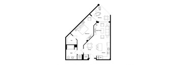 A floor plan of a house with a balcony, great room, bedroom, dining room, kitchen, bath, and a patio.