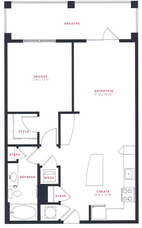 A floor plan of a house with rooms labeled as "BREATHE", "ENTERTAIN", "REFRESH", "STASH", "STYLE", and "WASH".