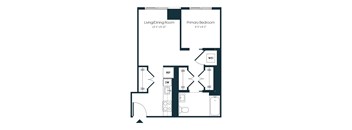 A floor plan of a small apartment with a living/dining room, a primary bedroom, and a W/D.