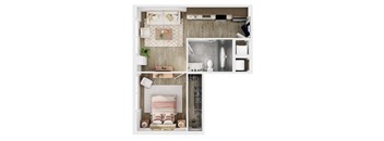 A top-down view of a modern, minimalist bedroom with a bed, nightstand, and a bathroom with a shower.