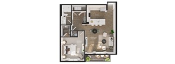 A floor plan of an apartment with a living room, kitchen, and bedrooms.