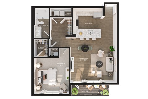 A floor plan of an apartment with a living room, kitchen, and bedrooms.
