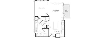 A black and white image of a house floor plan with a bedroom, living/dining area, kitchen, and patio/balcony.