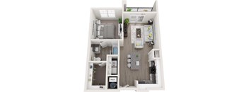 A top-down view of a small apartment with a kitchen, living room, and bathroom.