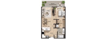 A floor plan of a small apartment with a living room, bedroom, kitchen, and bathroom.