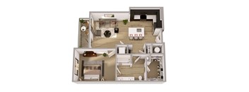 A floor plan of a two-story apartment with a living room, kitchen, and bedrooms.