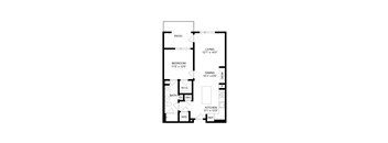 A floor plan of a house with a living room, dining room, bedroom, bathroom, kitchen, and a patio.