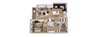 A floor plan of a two-story residential building with a living room, kitchen, dining room, and bedrooms.