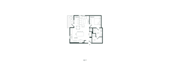 A floor plan of a small apartment with a living room, bedroom, kitchen, bathroom, and W.L.C.