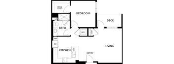 A floor plan of a house with a bedroom, bathroom, kitchen, and deck.
