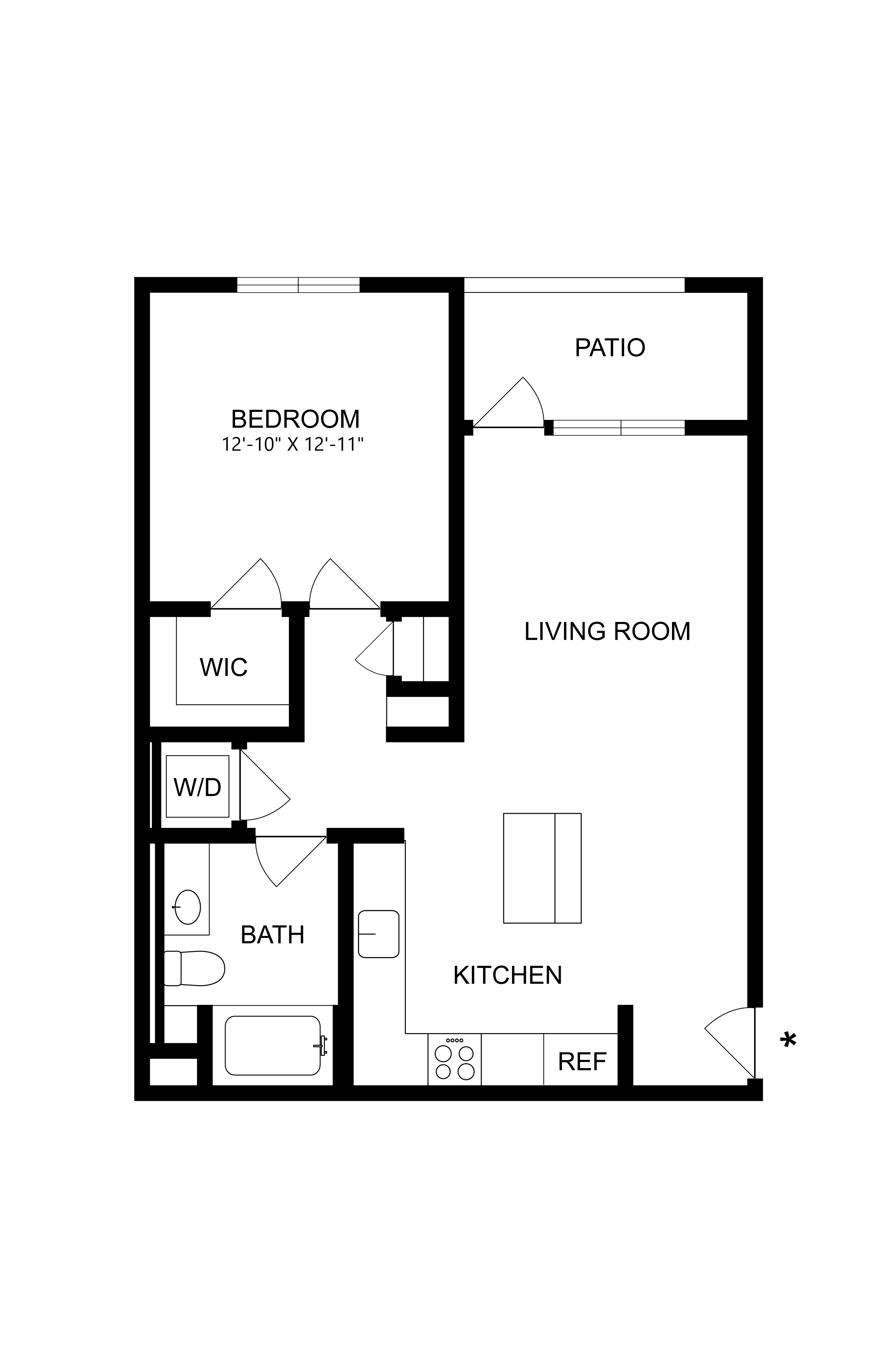A floor plan of a small apartment with a bedroom, living room, kitchen, bathroom, and a patio.