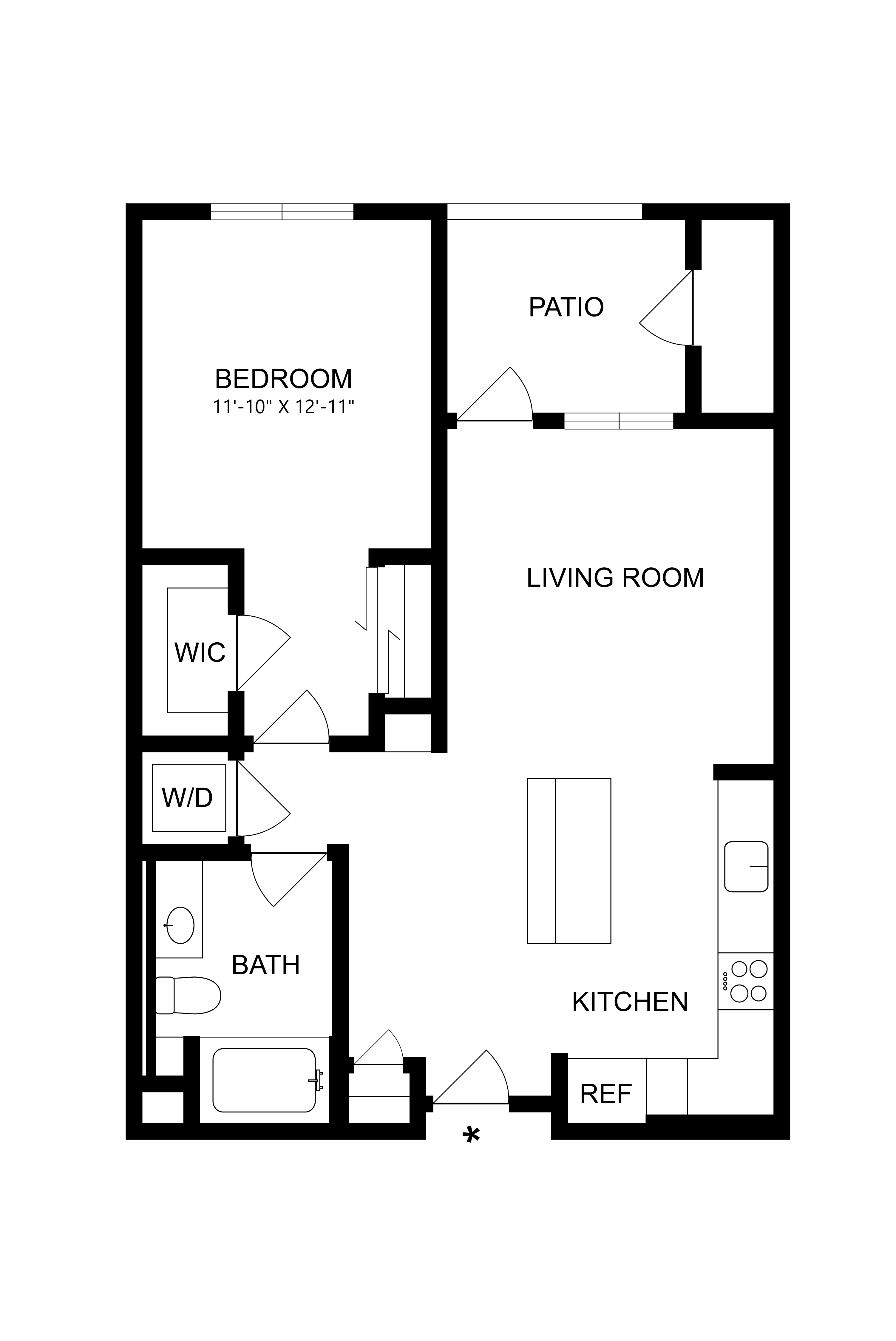 A black and white image of a floor plan for a small apartment.