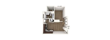 a stylized floor plan with a bedroom and a kitchen