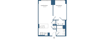 A floor plan of a living/dining room and primary bedroom.