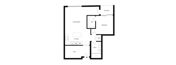A floor plan of a house with a den, kitchen, bath, and two bedrooms.