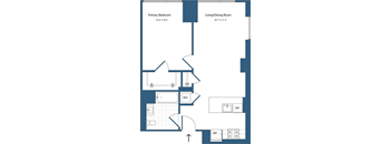 A floor plan of a house showing a primary bedroom and a living/dining room.