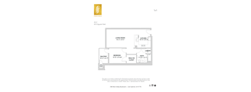 A floor plan for a living space with a kitchen, bathroom, and bedroom.