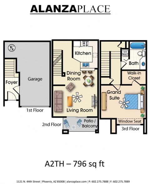 one bedroom one bathroom 796 Sq.Ft. Floor plan at Alanza Place, Phoenix, 85008