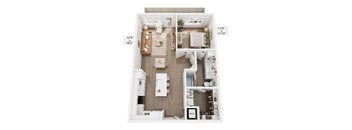 A top-down view of a small apartment with a living room, kitchen, and bathroom.
