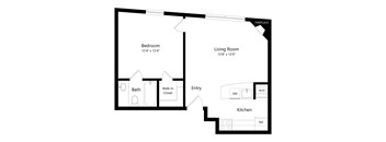 A floor plan of a small apartment with a bedroom, living room, kitchen, and bathroom.
