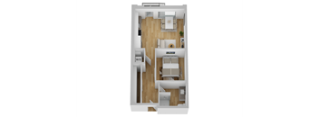 A floor plan of a small apartment with a kitchen, living room, and bathroom.
