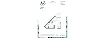 A3 Gallery floor plan with a bedroom, bathroom, and kitchen.