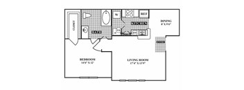 A floor plan of a house with a living room, dining room, kitchen, bathroom, and bedroom.
