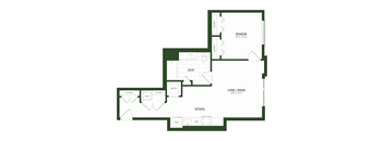 A floor plan of a house with a bedroom, living/dining area, kitchen, and bathroom.