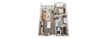 A floor plan of a small apartment with a kitchen, living room, and bathroom.