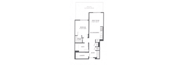 A floor plan of a private outdoor space with a bedroom, a great room, a kitchen/dining area, a bath, a walk-in closet, and a laundry room.