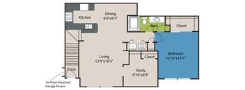 A floor plan of a small apartment with a living room, kitchen, dining room, bedroom, and study.