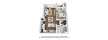 A 3D floor plan of a small apartment with a kitchen, living room, and bathroom.