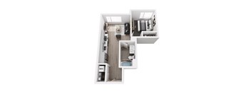 A top down view of a small apartment with a kitchen, living room and bathroom.