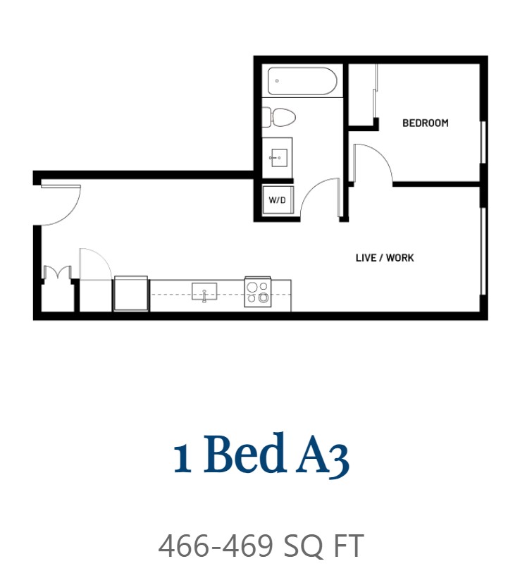 A floor plan for a 1 Bedroom apartment sized at 466-469 square feet.