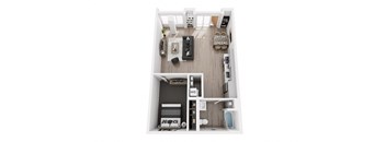A top-down view of a small apartment with a living room, kitchen, and bathroom.