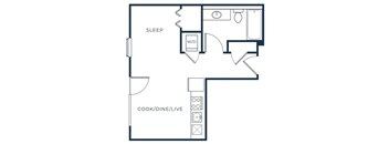a floor plan of a studio apartment with a bedroom and a living room