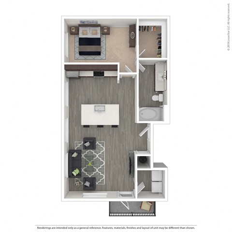 One Bedroom one bathroom floor plan A at 601 Pax, Phoenix, AZ