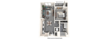 A 3D floor plan of a small apartment with a note that balcony size may vary and finishes may vary by unit type and location.