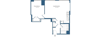 A blueprint of a house layout with a primary bedroom and a living/dining room.