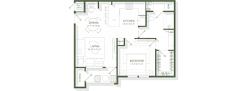 A floor plan of a house with a dining room, living room, kitchen, pantry, and bedroom.